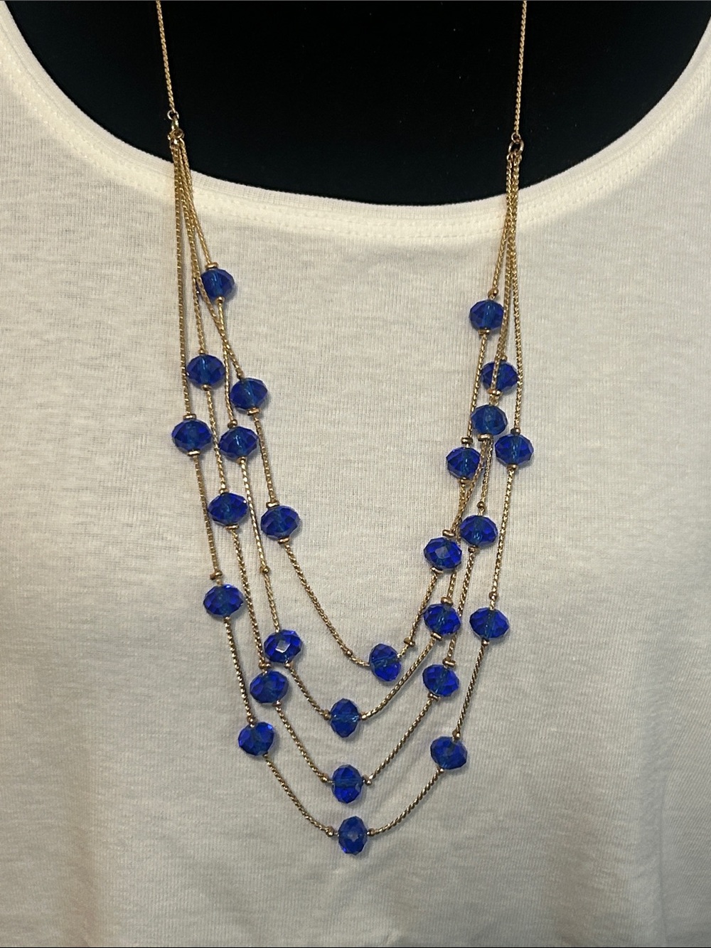 Adjustable length Gold Multi-Strand Necklace with Royal Blue Beads